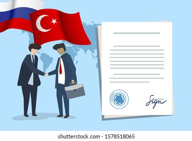 Diplomatic handshake between countries: flags of Turkey and Russia. - Vector