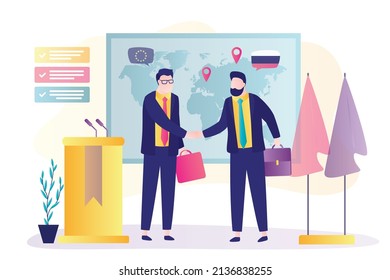 Diplomatic Meeting Between Russia And European Union. Political Representatives Shake Hands In Agreement. Diplomat Forge Partnerships Between Countries. Political Negotiations. Vector Illustration