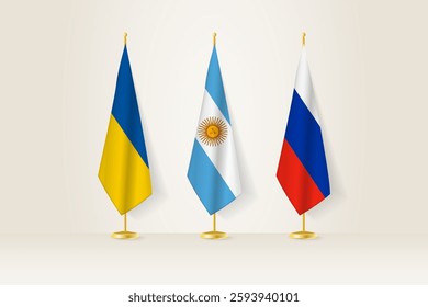 Diplomatic Meeting Representation, Ukraine, Argentina and Russia Flags. Flags on Diplomatic Stands. Vector illustration.