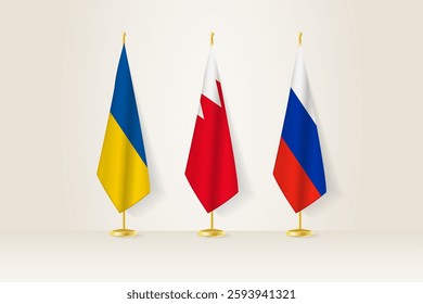 Diplomatic Meeting Representation, Ukraine, Bahrain and Russia Flags. Flags on Diplomatic Stands. Vector illustration.