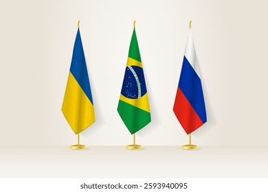 Diplomatic Meeting Representation, Ukraine, Brazil and Russia Flags. Flags on Diplomatic Stands. Vector illustration.