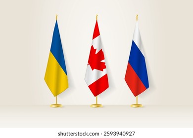 Diplomatic Meeting Representation, Ukraine, Canada and Russia Flags. Flags on Diplomatic Stands. Vector illustration.