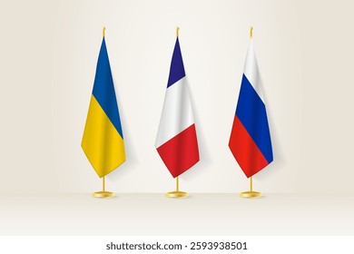 Diplomatic Meeting Representation, Ukraine, France and Russia Flags. Flags on Diplomatic Stands. Vector illustration.