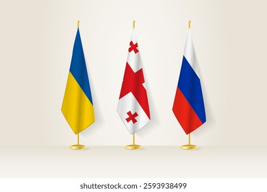 Diplomatic Meeting Representation, Ukraine, Georgia and Russia Flags. Flags on Diplomatic Stands. Vector illustration.