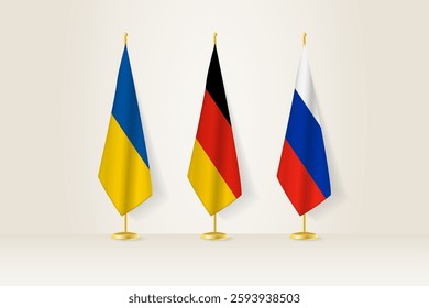 Diplomatic Meeting Representation, Ukraine, Germany and Russia Flags. Flags on Diplomatic Stands. Vector illustration.