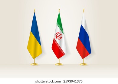 Diplomatic Meeting Representation, Ukraine, Iran and Russia Flags. Flags on Diplomatic Stands. Vector illustration.