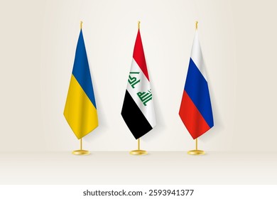 Diplomatic Meeting Representation, Ukraine, Iraq and Russia Flags. Flags on Diplomatic Stands. Vector illustration.