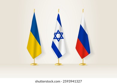 Diplomatic Meeting Representation, Ukraine, Israel and Russia Flags. Flags on Diplomatic Stands. Vector illustration.