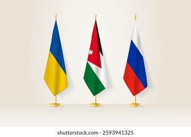 Diplomatic Meeting Representation, Ukraine, Jordan and Russia Flags. Flags on Diplomatic Stands. Vector illustration.