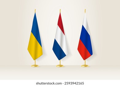 Diplomatic Meeting Representation, Ukraine, Netherlands and Russia Flags. Flags on Diplomatic Stands. Vector illustration.