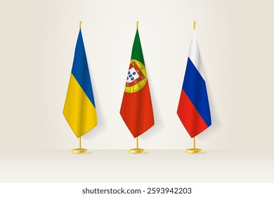 Diplomatic Meeting Representation, Ukraine, Portugal and Russia Flags. Flags on Diplomatic Stands. Vector illustration.