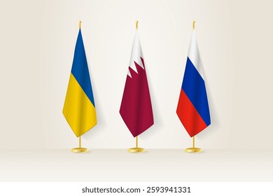 Diplomatic Meeting Representation, Ukraine, Qatar and Russia Flags. Flags on Diplomatic Stands. Vector illustration.