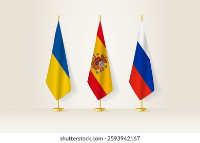 Diplomatic Meeting Representation, Ukraine, Spain and Russia Flags. Flags on Diplomatic Stands. Vector illustration.