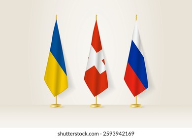 Diplomatic Meeting Representation, Ukraine, Switzerland and Russia Flags. Flags on Diplomatic Stands. Vector illustration.