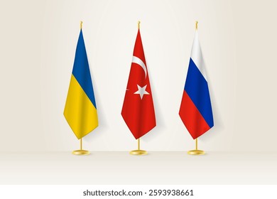 Diplomatic Meeting Representation, Ukraine, Turkey and Russia Flags. Flags on Diplomatic Stands. Vector illustration.