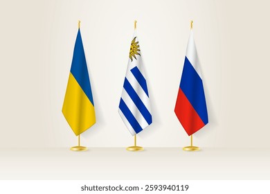 Diplomatic Meeting Representation, Ukraine, Uruguay and Russia Flags. Flags on Diplomatic Stands. Vector illustration.