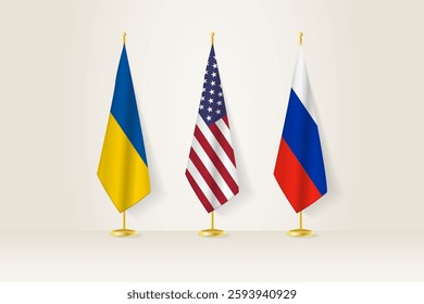 Diplomatic Meeting Representation, Ukraine, USA and Russia Flags. Flags on Diplomatic Stands. Vector illustration.