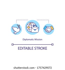 Diplomatic mission concept icon. State representative. Peace negotiation. International union. Foreign mission idea thin line illustration. Vector isolated outline RGB color drawing. Editable stroke