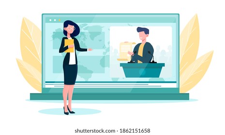 Diplomatic news online service or platform. Concept of international relations and government. Country worldwide representation. Flat cartoon vector illustration