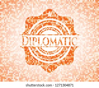Diplomatic orange tile background illustration. Square geometric mosaic seamless pattern with emblem inside.