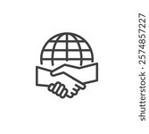 Diplomatic Relations line icon. linear style sign for mobile concept and web design. Two people shaking hands over a globe outline vector icon. Peace, and global unity symbol, logo illustration