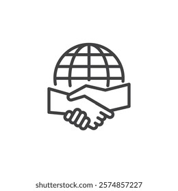 Diplomatic Relations line icon. linear style sign for mobile concept and web design. Two people shaking hands over a globe outline vector icon. Peace, and global unity symbol, logo illustration