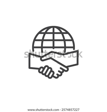 Diplomatic Relations line icon. linear style sign for mobile concept and web design. Two people shaking hands over a globe outline vector icon. Peace, and global unity symbol, logo illustration