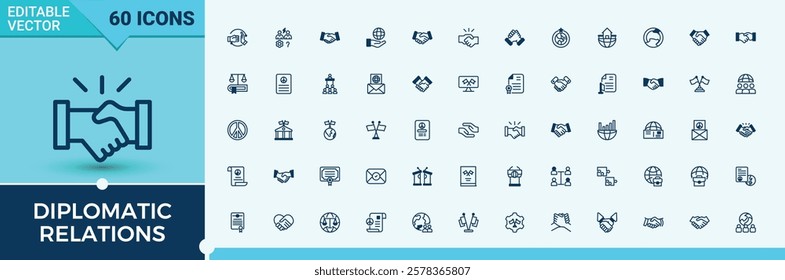 Diplomatic Relations minimal icon set. Related to commission, peaceful, Diplomacy, cooperation, global, mediation, handshake. Minimal icons. Solid line editable stroke. Vector line and solid icons.