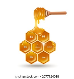 The dipper scooped the honey dripping into the hexagonal honeycomb with various food nutrition text and all floating in the air,vector 3d isolated on white background for food and nutrion concept 