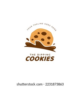 dipping chocochips cookies logo icon. chocolate chip cookie logo dip into chocolate cream logo illustration