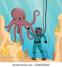 Dipping isometric cartoon background with scuba diver in diving suit meeting octopus on seabed vector illustration