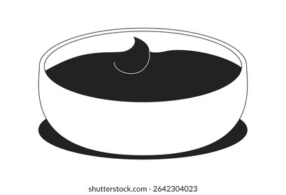 Dipping sauce in white bowl 2D line object. Tomato dip. Ketchup dip. Savory condiment. Spicy flavor. Food container isolated clipart vector ink outline item. Monochrome spot illustration