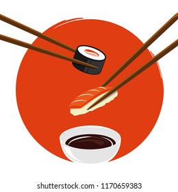 dipping sushi with salmon in soy sauce vector illustration EPS10