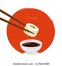 dipping sushi in soy sauce orange background vector illustration EPS10