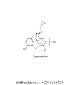 Estructura molecular esquelética plana de la diprenorfina. Ilustración vectorial.