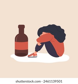 Dipsomania concept. Depressed woman sitting on floor and hugging her knees. Alcoholic mother. Alcohol Addiction. Vector illustration in flat cartoon style.