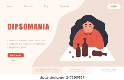Dipsomania concept. Landing page template. Sad girl sitting at table and drinking wine. Alcohol Addiction. Vector illustration in flat cartoon style.