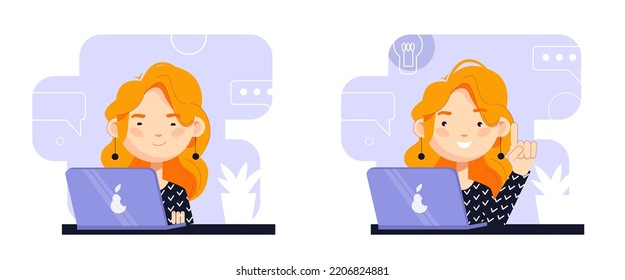Diptych, a cute girl works at a computer and an idea comes to her mind