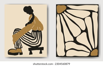 Diptych: girl and daisies. Vector illustration depicting a girl sitting on a chair and daisies in a square. Contemporary Art. Interior paintings.