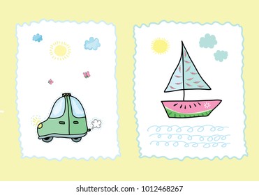 diptych, two pictures for a children's room, a children's t-shirt. boat on the sea and a machine on the road. line art
