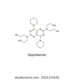 Dipyridamole flat skeletal molecular structure phosphodiesterase inhibitor drug used in thromboembolic disorder treatment. Vector illustration scientific diagram.