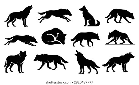 Dire Wolf Silhouette Vector Set, Wild Animal Mascot Logo Icons and Poses Collection