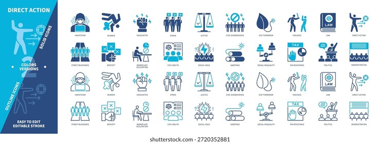 Direct Action icon set. Violence, Hacktivism, Strike, Sabotage, Murder, Encounter, Tax Resistance, Demonstration. Duotone color solid and editable outline icons