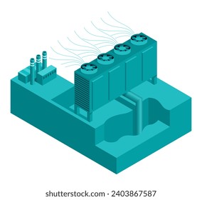 Direct Air Capture diagram - carbon capture and storage. Using fan and filter that separating atmosphere air into fresh air and pure CO2 mixed with water