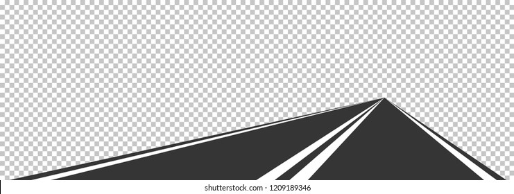 Direct asphalt road with white markings on transparent background