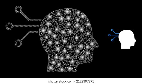 Direct brain connection icon and bright mesh net direct brain connection model with flare spots. Illuminated model is done using direct brain connection vector icon and triangle mesh.