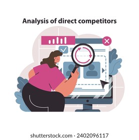 Direct competitors analysis concept. Specialist scrutinizing business rivals through detailed market research. Gaining insights for competitive advantage. Flat vector illustration.