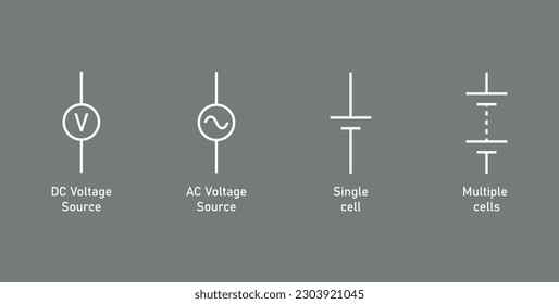 Direct current (DC) and alternating current (AC) voltage source. Single cell and multiple cell symbol. Vector illustration isolated on grey background.