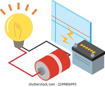 Ilustración directa de la imagen eléctrica de la batería seca y la bombilla de luz