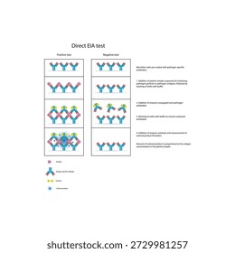 Direct EIA (ELISA) test diagram illustrating antigen detection using enzyme-labeled antibodies, colorimetric signal generation, and quantitative diagnostic results
